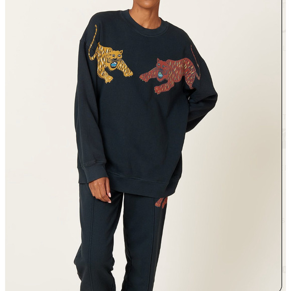 Raquel Allegra Black Tiger Drop Shoulder Sweatshirt Womens M $345 Rare - Picture 1 of 5